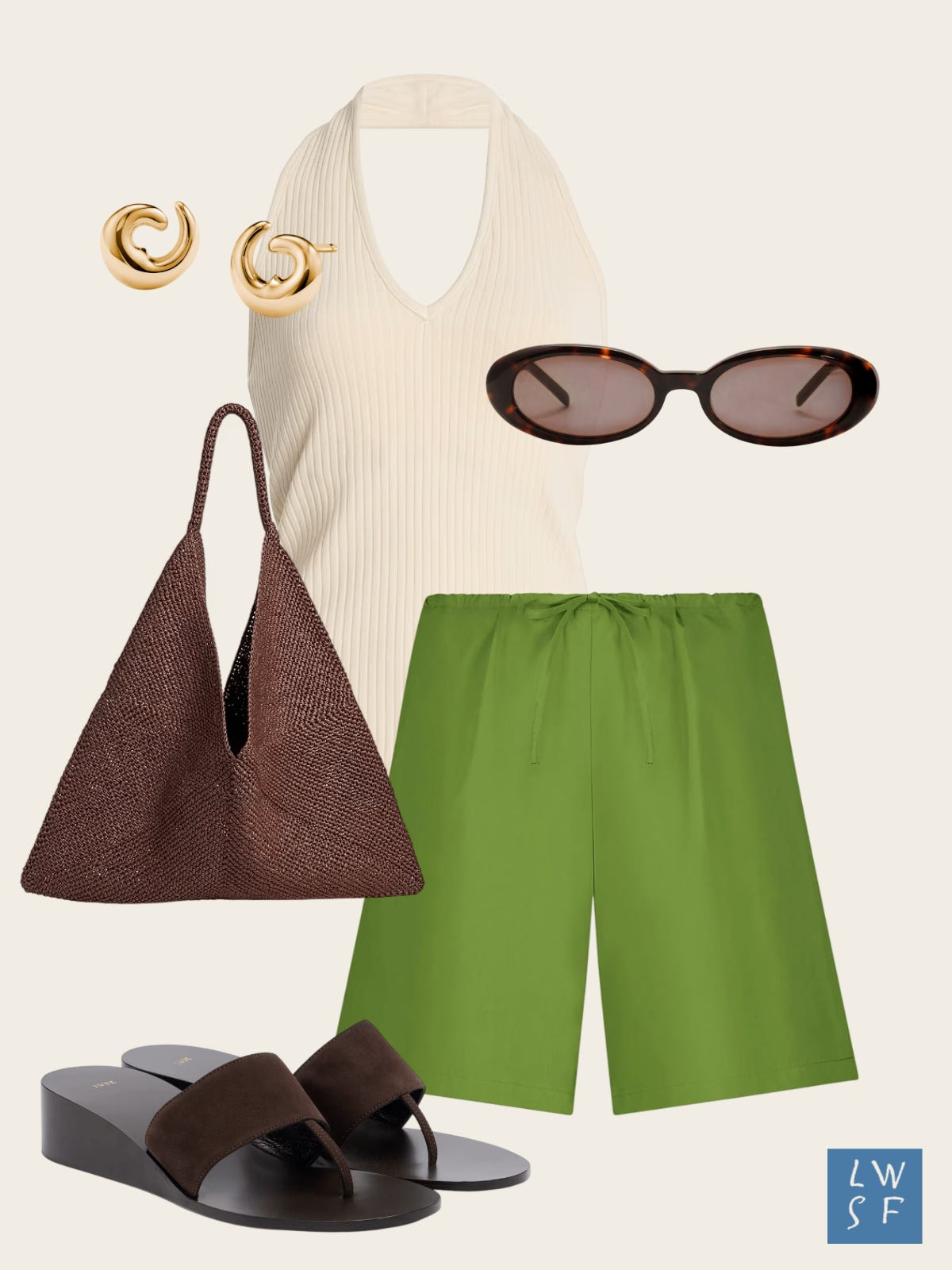 Summer outfit idea: cream ribbed knit halter top, grass green bermuda shorts, brown triangle raffia bag, brown suede wedge sandals, tortoise oval sunglasses, chunky gold hoop earrings