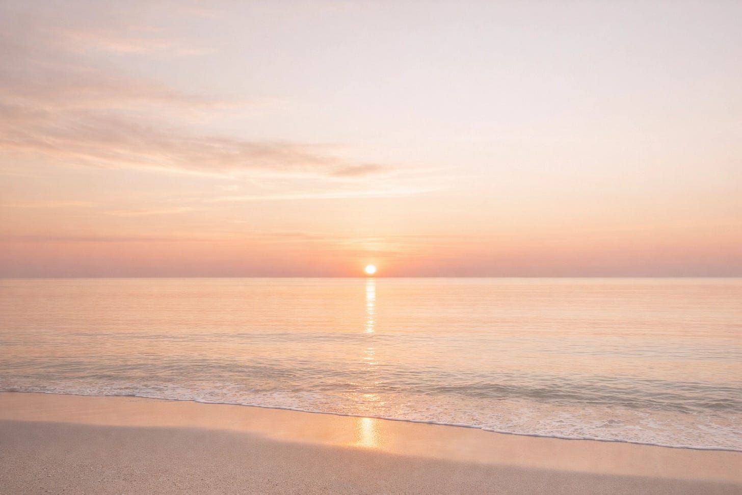 Serene horizon at soft sunrise in blush pink, warm gold, and neutral tones, calm and expansive with natural light.