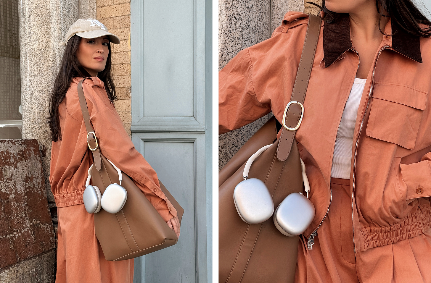 Bella holding large tan tote