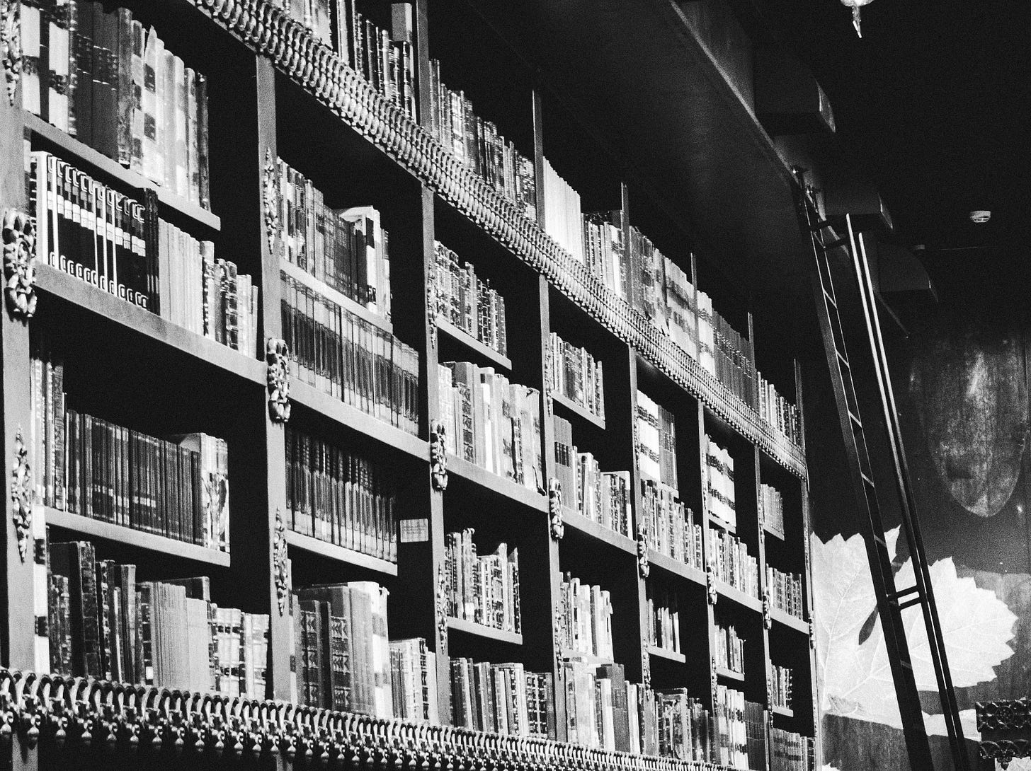 Black and white photo, taken from a distance, of a wall of bookshelves. The books and shelves are old fashioned.