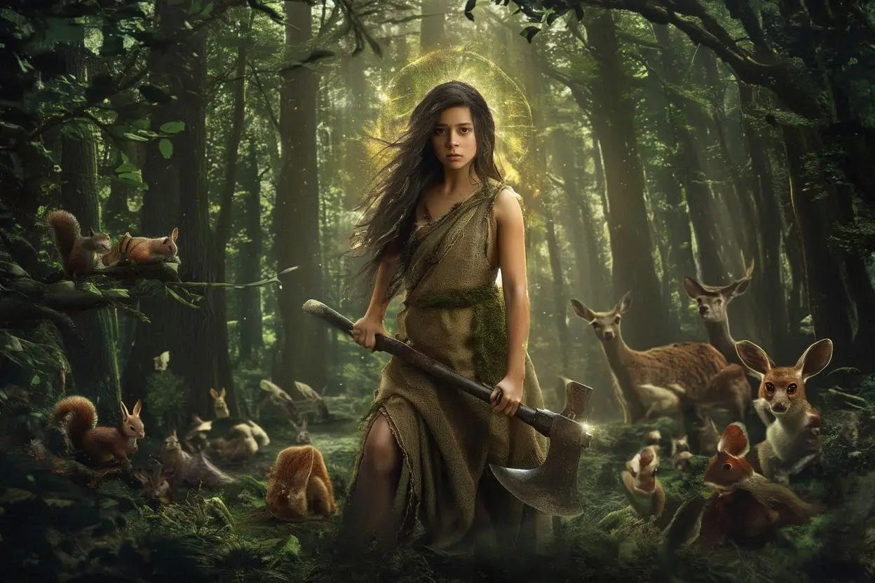 The beautiful young holy goddess Gaia with her shiny aura around her head is armed with an axe and looks menacingly at the trees while surrounded by worried squirrels, deers, and other forest animals