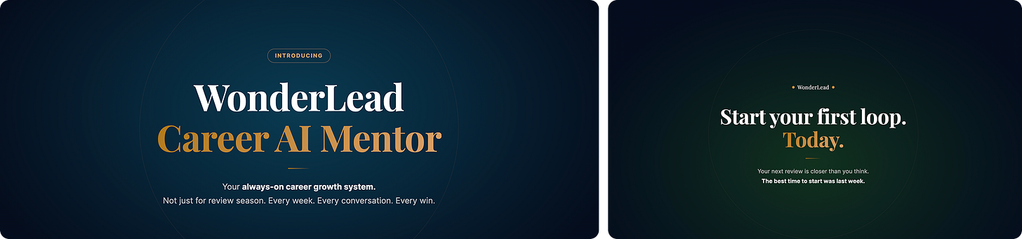 Two-panel WonderLead promo on dark navy and green backgrounds. Left panel: an "Introducing" badge above "WonderLead Career AI Mentor — your always-on career growth system. Not just for review season. Every week. Every conversation. Every win." Right panel: "Start your first loop. Today." with the subtext "Your next review is closer than you think. The best time to start was last week."