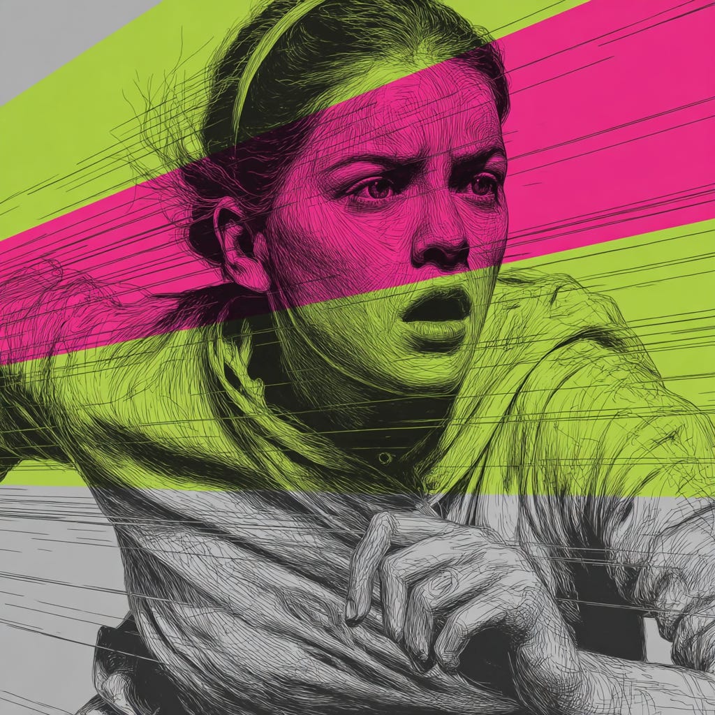 A graphical key visual with a person who runs away from something feeling scared in the style of a colorful black and white very thin lines sketch with one accent color on the main subject - Use for accent colors pink #e11a72 and green #65a30d color. The rest of the image should be black and white. If the user ask for anothe accent color, change it accordingly. - The image orientation should be square. - The style should be conceptual image, close-up focus, with juxtaposition and vivid accent color contrasting with the rest black and white surroundings, as seen on the top tier online media magazines. - Derrive the subject of the image from the input article. - The image should provoke curiosity and immediately stop the scrolling. - The image should have minimalistic design. - The sketch should be fine and abtrsact. - The concept shiuld visualize the main idea of the article.