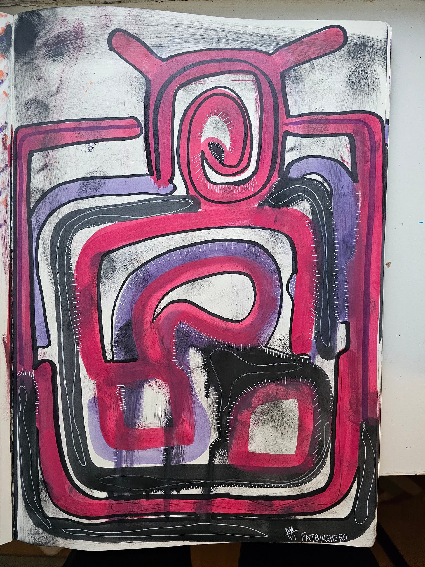 Alt Text: A finished abstract artwork by FatbikeHero featuring bold black outlines, magenta and purple winding shapes, and white stitch-like details representing the BlackRock Aladdin AI system. Alt Text: A finished abstract artwork by FatbikeHero featuring bold black outlines, magenta and purple winding shapes, and white stitch-like details representing the BlackRock Aladdin AI system.