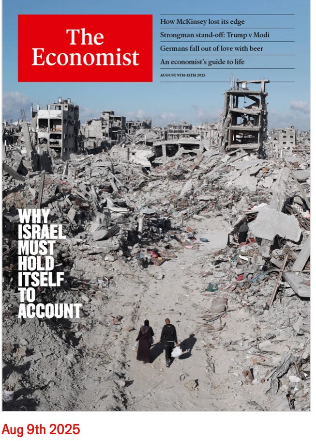 A magazine cover with a couple of people walking in the rubble

Description automatically generated