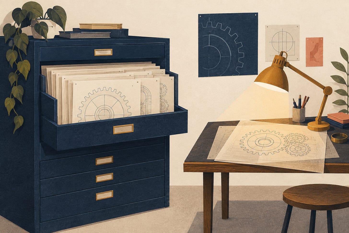 Conceptual illustration of technical drawings in a navy archive cabinet beside a separate worktable lit by an amber lamp.