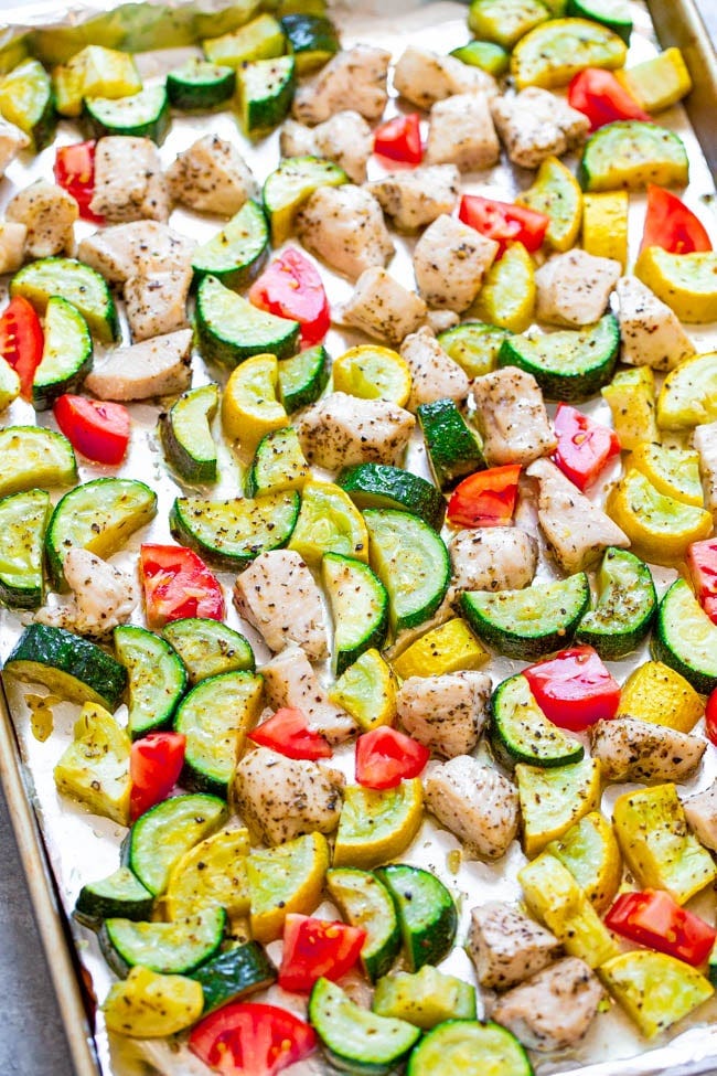 sheet pan chicken and veggies on countertop sheet pan chicken and veggies on countertop
