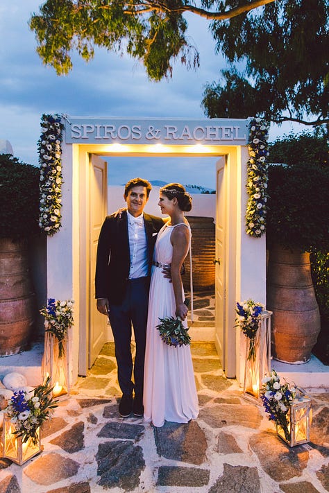 An American bride kisses a bible in a Greek Orthodox wedding ceremony, immediately regrets getting lipstick on it. The happy couple afterward at the beautiful candle-lit reception