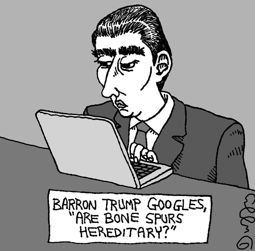 May be an image of text that says 'C BARRON TRUMP BARRONTRUMPGOOGLES, GOOGLES, 'ARE BONE SPURS HEREDITARY? TARY?' HEREDI'