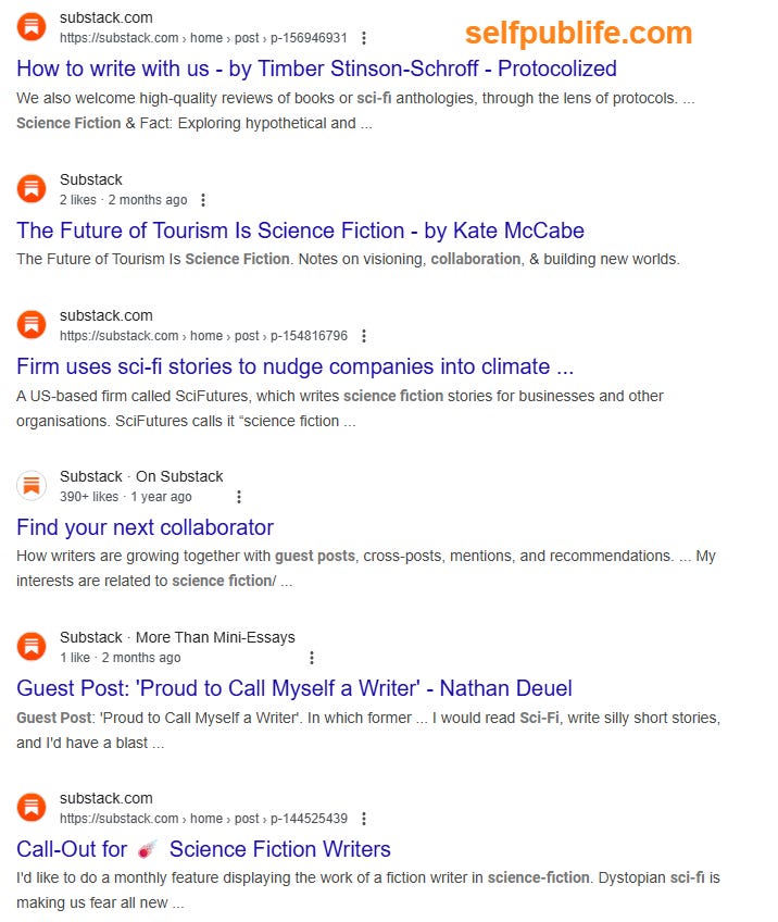 Screenshot of Google search results for Substack sci-fi collaborators Screenshot of Google search results for Substack sci-fi collaborators