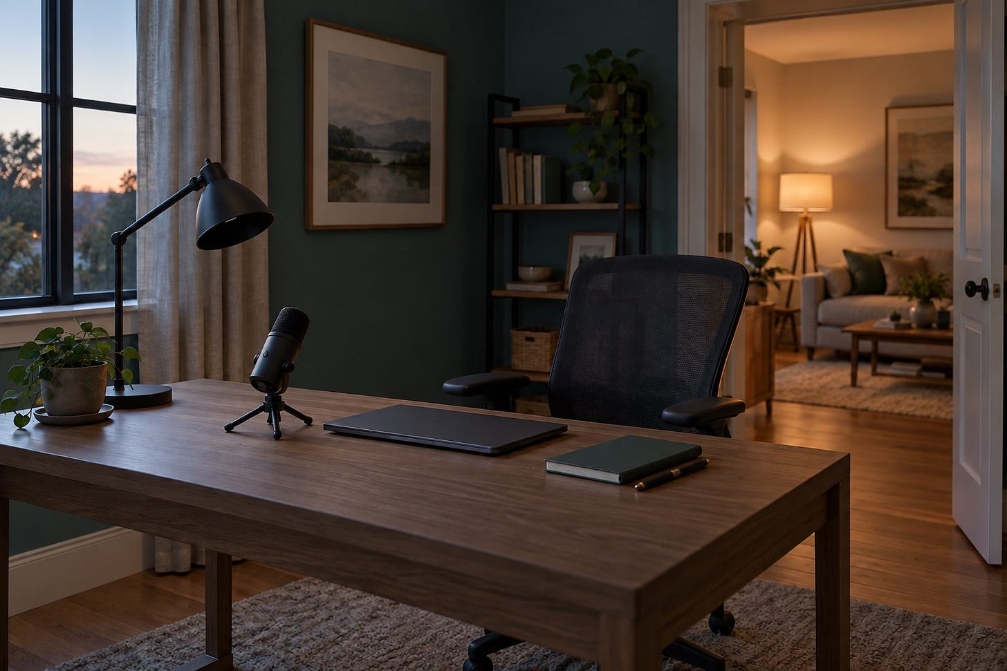 Closed notebook and laptop on a desk beside an empty chair and an open doorway. Closed notebook and laptop on a desk beside an empty chair and an open doorway.