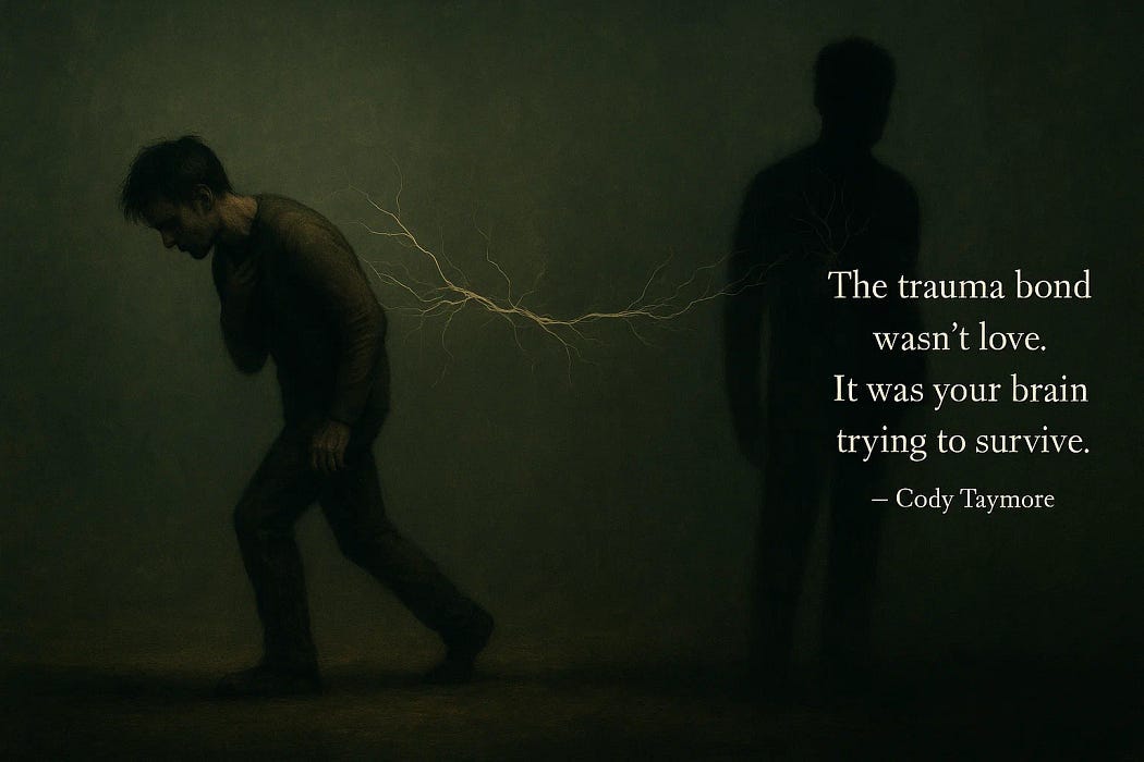 A distressed man walks away with one hand on his chest, while a glowing neural thread connects him to the shadow of another figure in the background. The atmosphere is muted but clear, symbolizing the lingering psychological tether of trauma bonding. Overlaid quote reads: “The trauma bond wasn’t love. It was your brain trying to survive.” — Cody Taymore. A distressed man walks away with one hand on his chest, while a glowing neural thread connects him to the shadow of another figure in the background. The atmosphere is muted but clear, symbolizing the lingering psychological tether of trauma bonding. Overlaid quote reads: “The trauma bond wasn’t love. It was your brain trying to survive.” — Cody Taymore.