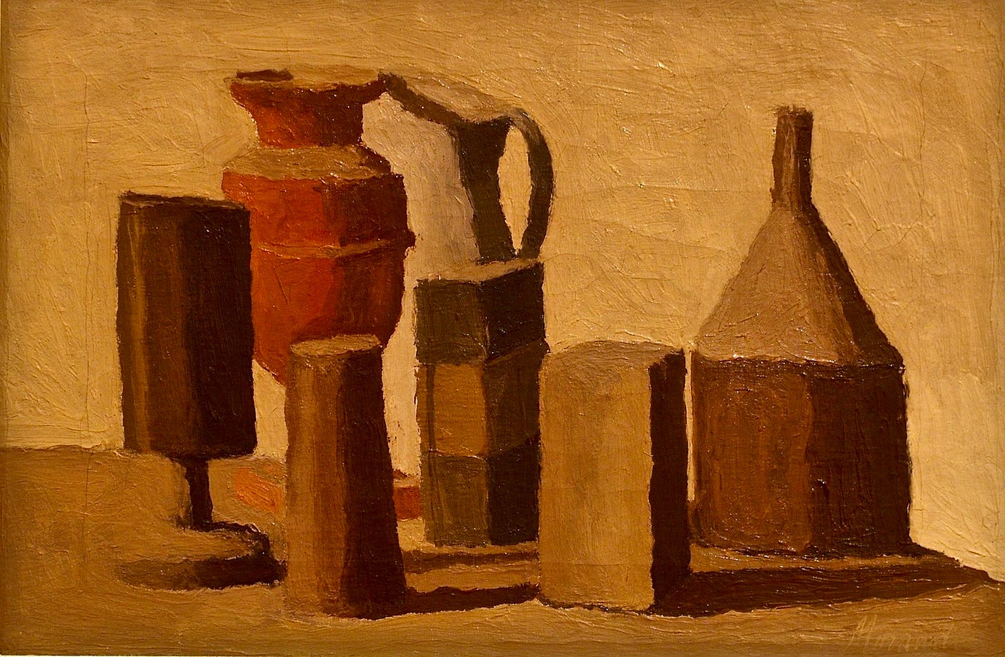 Oil on canvas painting by Giorgio Morandi of various pitchers and vessels; title: Natura Morta (1943)