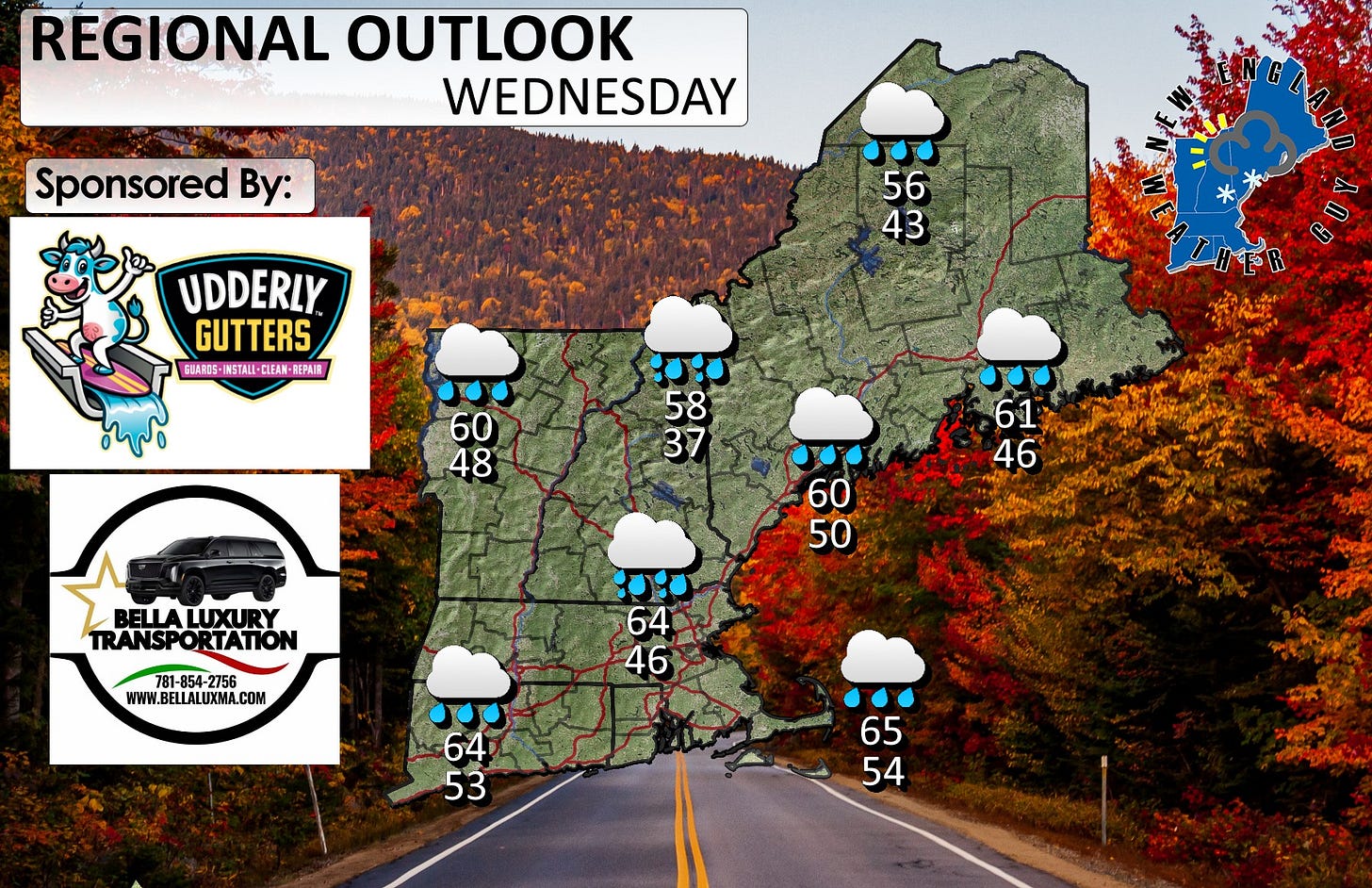 May be an image of map, road and text that says 'REGIONAL OUTLOOK WEDNESDAY Sponsored By: 56 43 UDDERLY GUTTERS GUARIS IMSTALL CLEA EAN- REPAIR 60 48 58 37 61 46 BELLALUXURY LUXU BELLA TRANSPORTATION RTATION 60 50 781-854-27 4-2756 WWW.BELLALUXMA.COM 64 46 64 53 65 54 ンクチーラッスパン'