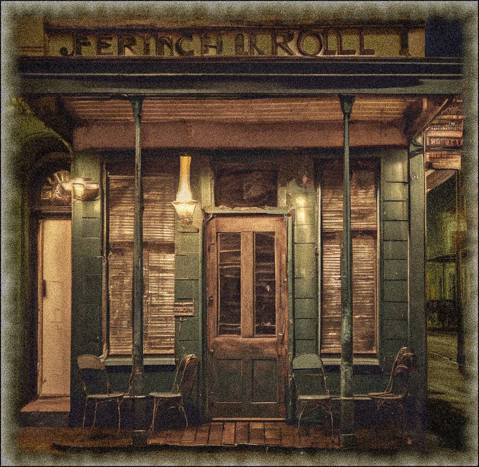An apparently battered, grainy color photo of the entrance to a French Quarter restaurant; four wrought-iron chairs are on the wooden walkway outside, beneath the aging louvered windows. The sign over the door isn't 100% legible, but seems to say something like "JFERINCH [O or R?] ROLL."
