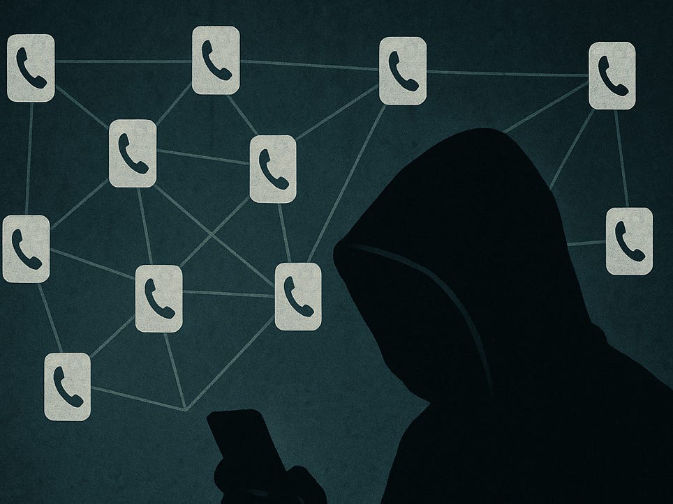 A shadowy figure looks at a web of phone calls and texts