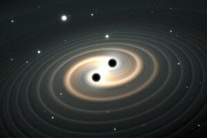 Gravitational waves from merging black holes. 3D illustration