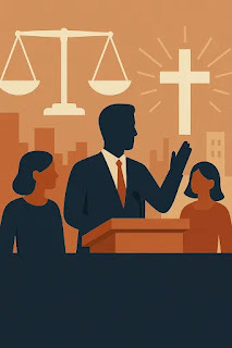 uma imagem de um púbito, uma cruz e uma balança representando a justiça.