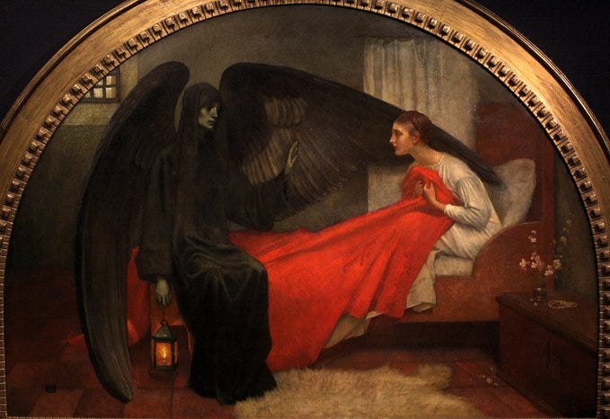 A classic oil painting in an ornate gold frame shows a large black-winged skeletal figure cloaked in dark robes with a green-tinted face sitting beside a bed. The figure holds a lantern and extends a hand toward a young woman in a white gown lying on the red-draped bed with a distressed expression. The room has a curtained window, wooden furniture, a small vase of flowers, and a rug on the floor.