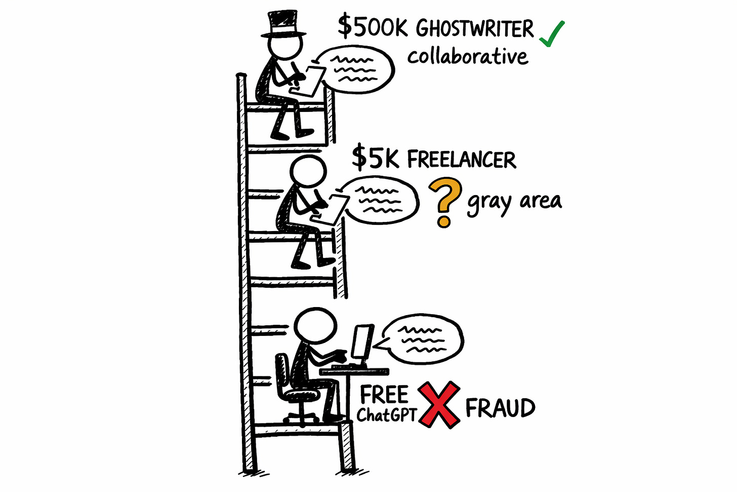 Alt Text (1 option): "Hand-drawn black and white illustration of a ladder with three stick figures at different rungs. At the top, a figure in a top hat labeled '$500K GHOSTWRITER' with a green checkmark and the word 'collaborative.' In the middle, a figure labeled '$5K FREELANCER' with a yellow question mark and 'gray area.' At the bottom, a figure at a computer labeled 'FREE ChatGPT' with a red X and 'FRAUD.' All three have identical speech bubbles containing the same squiggly text, illustrating how the ethics of writing help are determined by price tag, not the act itself. Alt Text (1 option): "Hand-drawn black and white illustration of a ladder with three stick figures at different rungs. At the top, a figure in a top hat labeled '$500K GHOSTWRITER' with a green checkmark and the word 'collaborative.' In the middle, a figure labeled '$5K FREELANCER' with a yellow question mark and 'gray area.' At the bottom, a figure at a computer labeled 'FREE ChatGPT' with a red X and 'FRAUD.' All three have identical speech bubbles containing the same squiggly text, illustrating how the ethics of writing help are determined by price tag, not the act itself.