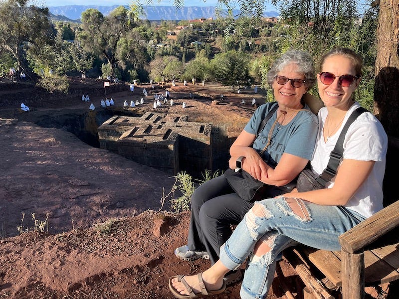2024-5 Susan and Becky at Lalibela, Ethiopia, Church of St. George, by Melaku