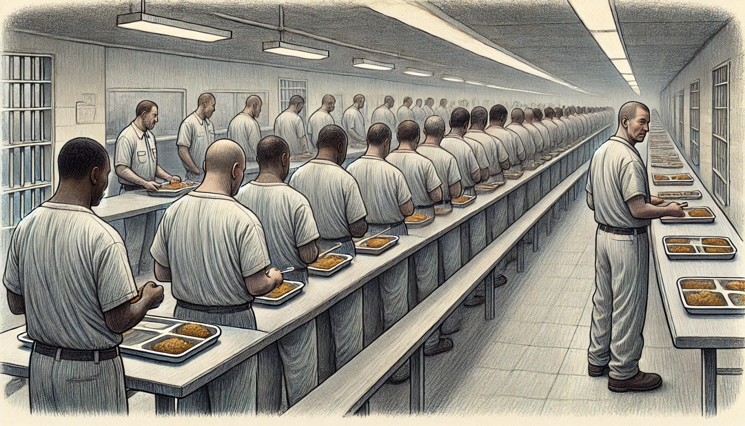 A wide, hand-drawn, pencil-style illustration using a muted color palette of greys, blues, and beiges. The scene shows incarcerated people standing in a long chow line inside a prison cafeteria, receiving food. The prisoners wear simple uniforms and hold trays as they slowly move forward. The food being served is unrecognizable and looks unappetizing, resembling generic slop. The style is detailed and textured, resembling traditional pencil sketching with soft shading and natural linework. The wide format emphasizes the long line of prisoners and the bleak environment, enhancing the somber and oppressive mood.