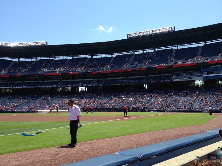 ballpark, stadium, players, umpires, sky, clouds, grass, spectators