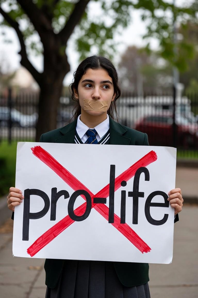 a high school student holding a sign that says "pro-life." The sign has a red x over it, and the student has tape over her mouth, signifying that she has been censored