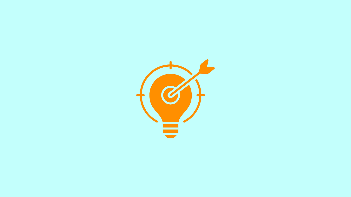 Orange lightbulb icon with target crosshairs and arrow hitting the center on light blue background