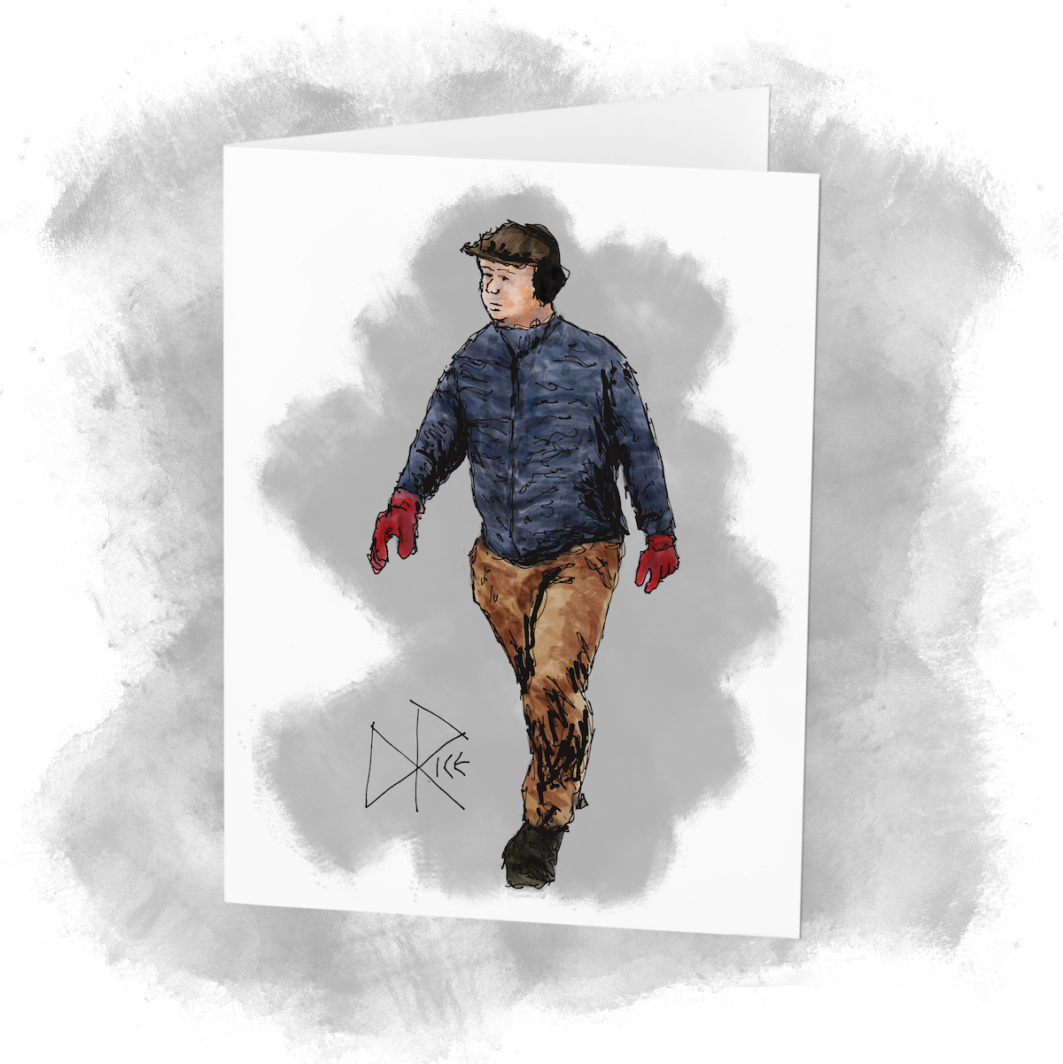 A man walking. A large set of headphones straddles across his cap as he swings his red-gloved hands. Sketch art by Don Rice. A man walking. A large set of headphones straddles across his cap as he swings his red-gloved hands. Sketch art by Don Rice.