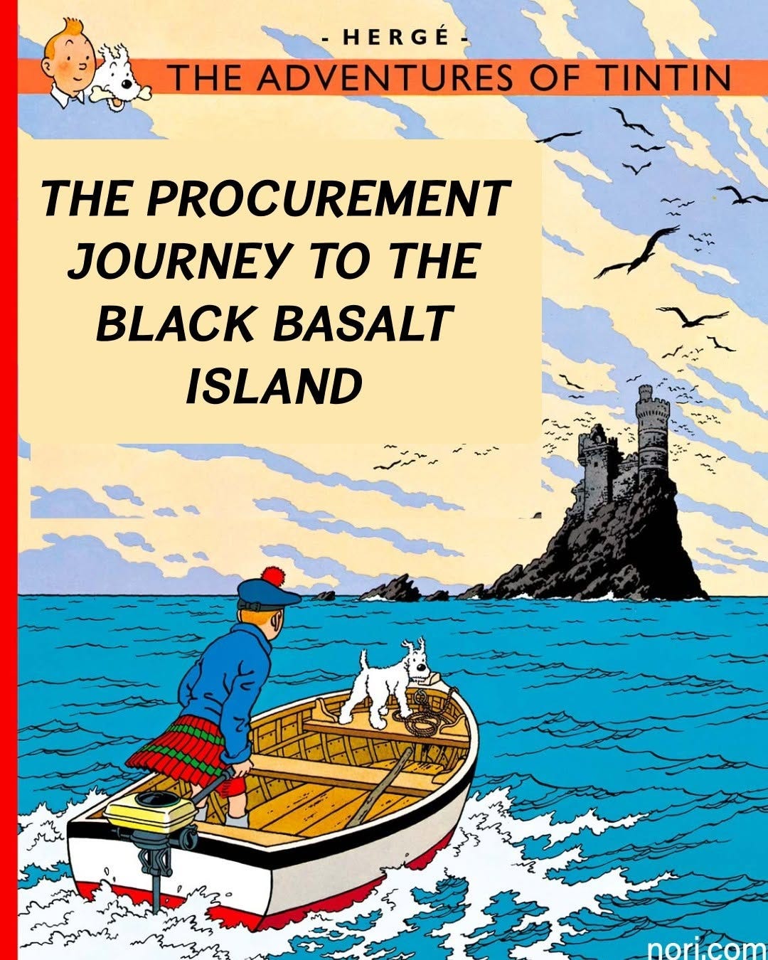 Parody Tintin cover: "The Adventures of Tintin: The Procurement Journey to the Black Basalt Island", with Tintin and Snowy in a motorboat heading towards a rocky island.