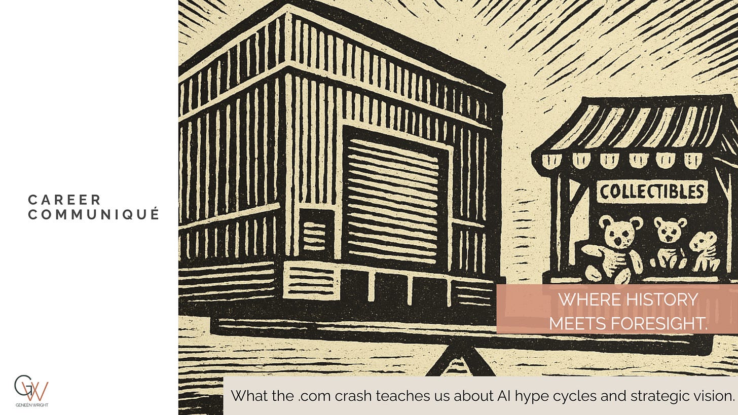 A linocut-style illustration showing a massive warehouse on one side of a balancing beam and a small collectibles market stall with teddy bears on the other side. The imagery symbolizes the contrast between Webvan’s large-scale infrastructure and eBay’s small, validated beginnings. The right side contains warm clay text overlay reading “Where History Meets Foresight,” with the Career Communiqué masthead on the left.