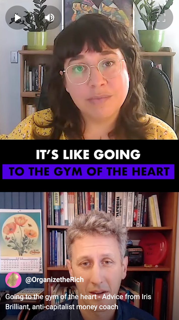 Screenshot photo with Iris at the top of the frame and Michael at the bottom. Iris is talking into the camera. The caption reads "It's like going to the gym of the heart."