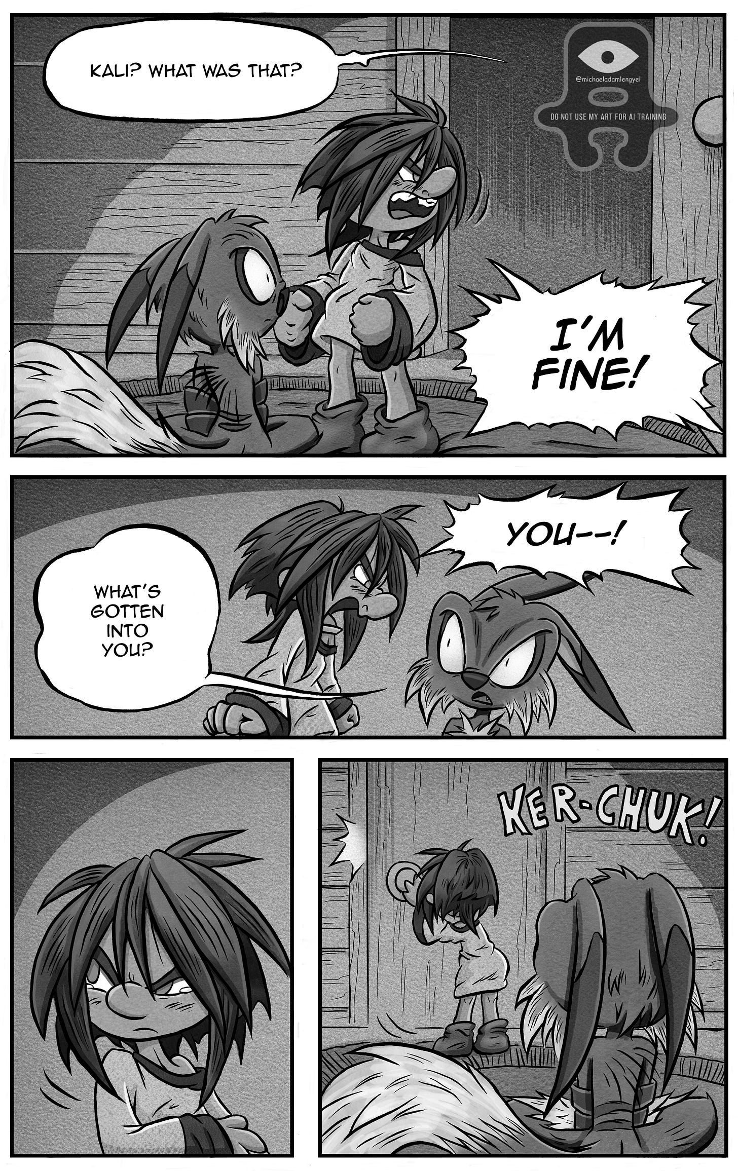 Kali yells “I’m fine!” at the spirit, then turns away and slams the door shut behind her, leaving him confused and speechless. Kali yells “I’m fine!” at the spirit, then turns away and slams the door shut behind her, leaving him confused and speechless.
