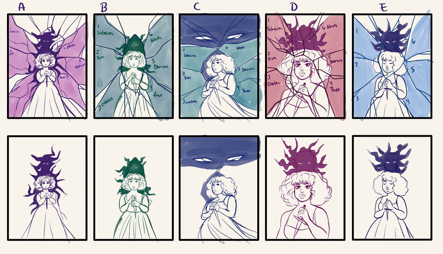Several mock-up drawings of the early concepts of the cover, labeled A-E, featuring Ayana and the demon, Zelroth. 