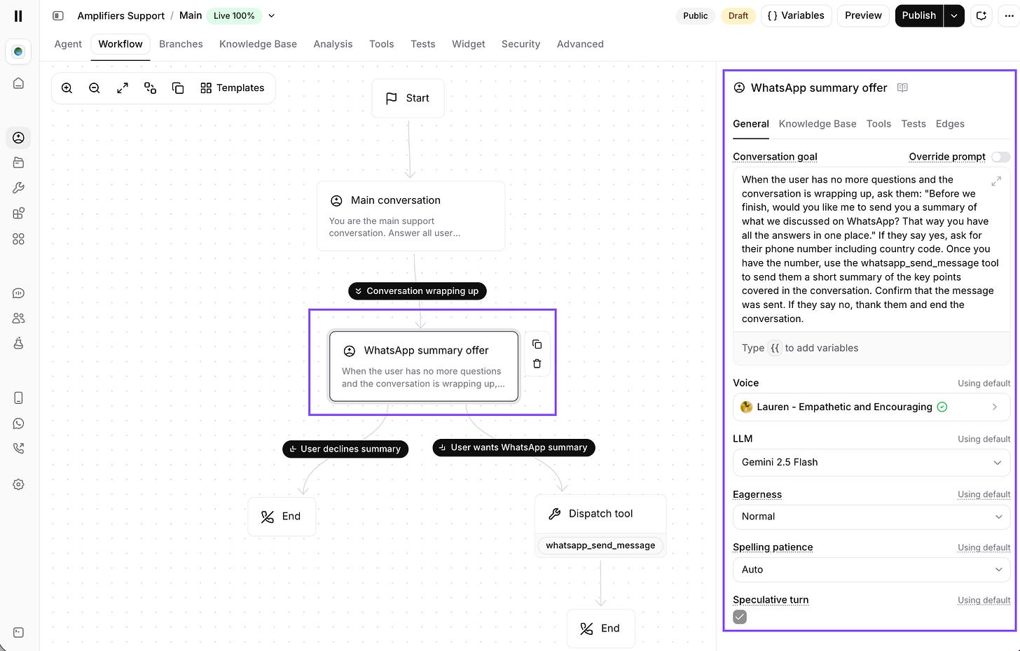 ElevenAgents workflow showing the WhatsApp summary offer subagent selected with its conversation goal to ask users if they want a WhatsApp summary, collect their phone number, and send the message using the whatsapp_send_message tool. ElevenAgents workflow showing the WhatsApp summary offer subagent selected with its conversation goal to ask users if they want a WhatsApp summary, collect their phone number, and send the message using the whatsapp_send_message tool.