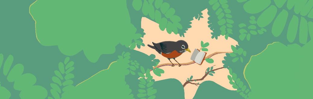 A stylized illustration of a small bird perched on a branch, holding an open book surrounded by green foliage.