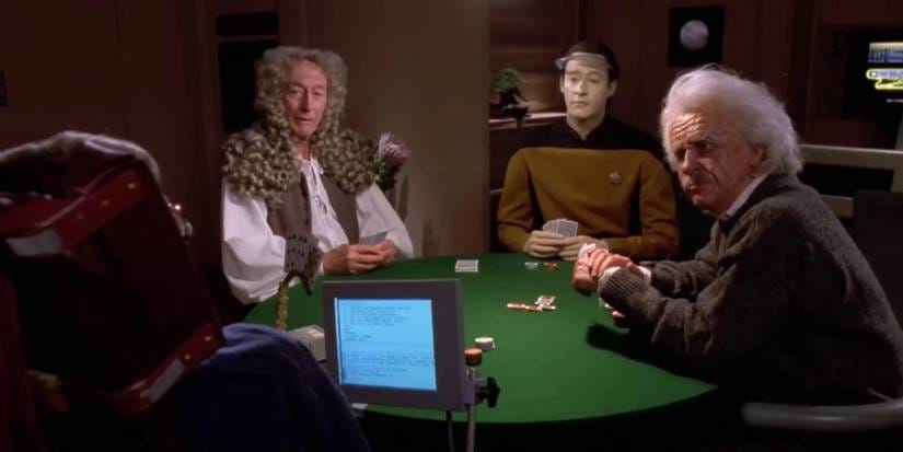 Data, Isaac Newton, and Einstein watch as Stephen Hawking speaks in Star Trek TNG Data, Isaac Newton, and Einstein watch as Stephen Hawking speaks in Star Trek TNG