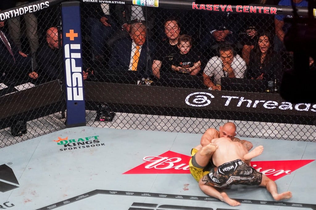Trump and Musk are pictured watching a UFC match Saturday in Florida.