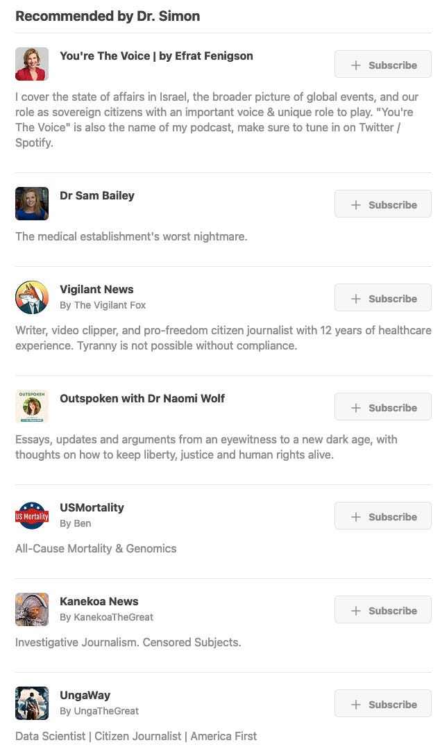 A screenshot of the Substack newsletters recommended by Dr Simon