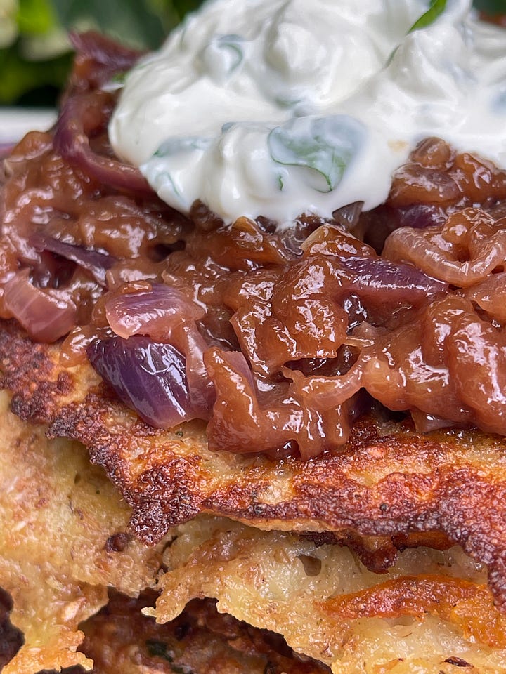 Everything you need for bramboráky and beer-caramelized onions, laid out and ready to go.
