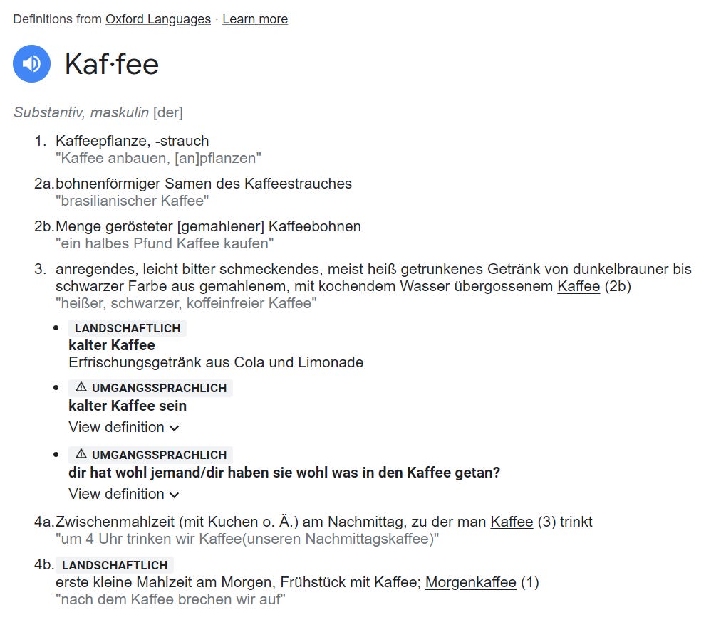 German dictionary entry of kaffee.