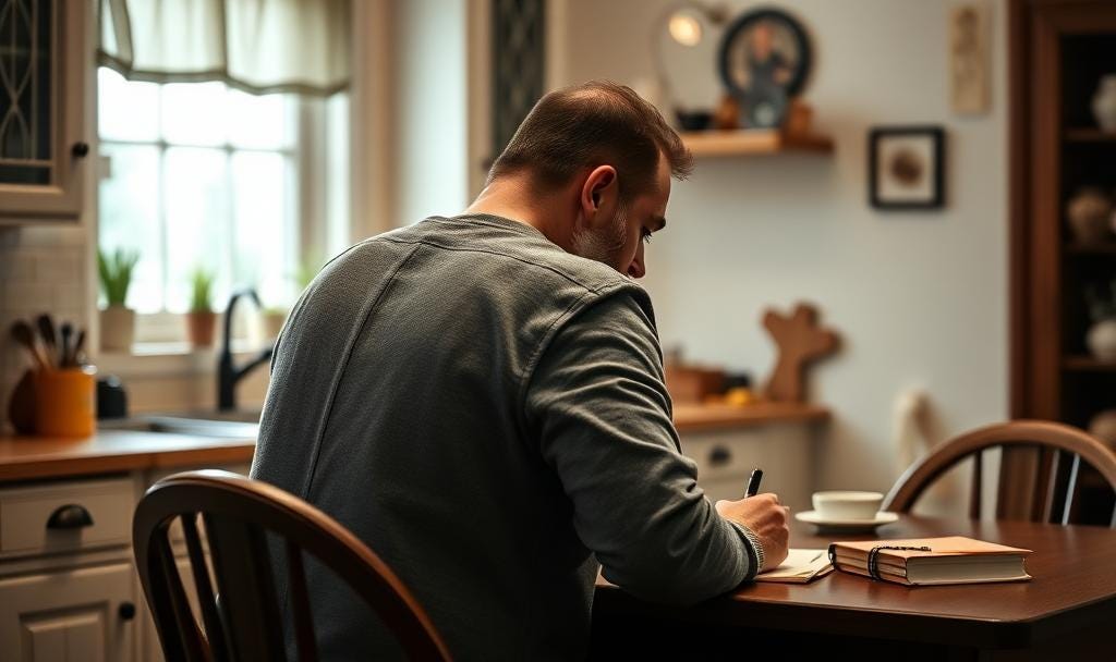 Autistic man write a letter on a kitchen table. Neurodivergent masking unmasking healing acceptance neurodiversity  