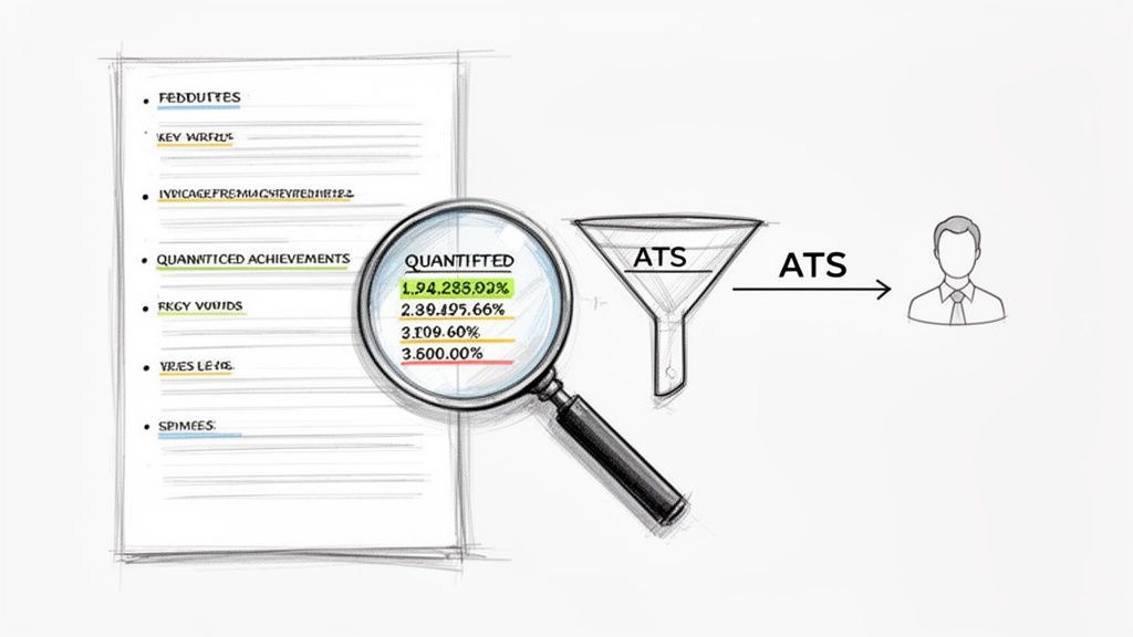 Diagram showing a resume being scanned for quantified achievements and processed by an ATS for a candidate. Diagram showing a resume being scanned for quantified achievements and processed by an ATS for a candidate.