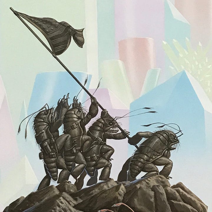 LEFT: Figure detail from BLACK STAR RISING featuring a man seated in front of a monument as a shrimp-like alien in police uniform gives him an earful. The artist’s sigil—the stylized letters M and W combined within a circle—is hidden in the waves of marble along with a copyright symbol and ’89’.  RIGHT: Detail from BLACK STAR RISING featuring a statue homage to the Marine Corps War Memorial commemorating Iwo Jima except four shrimp-like alien creatures are planting the flag at Iwo Jima.