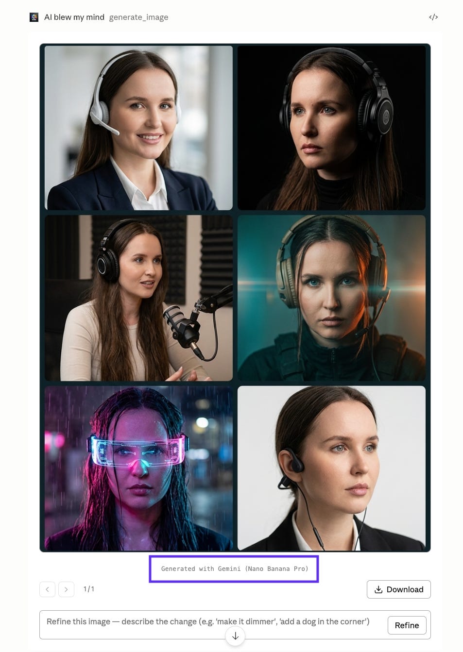 AI-generated cinematic portrait collage created with Nano Banana 2 inside Claude using the AI BLEW MY MIND Amplifiers workflow. The six-panel collage presents the same woman in different headset-based professional and futuristic scenarios, including podcast recording environments, corporate customer support portraits, dark studio photography, tactical cinematic lighting, and neon cyberpunk aesthetics. The image demonstrates Nano Banana 2’s character consistency across varied compositions, lighting styles, facial expressions, and environments while generating detailed, realistic portraits from a single uploaded reference headshot.