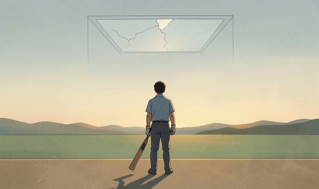 A young cricketer in school whites stands at the crease with his bat, seen from behind, under a faint glass-like box that opens into a wide sky. A young cricketer in school whites stands at the crease with his bat, seen from behind, under a faint glass-like box that opens into a wide sky.
