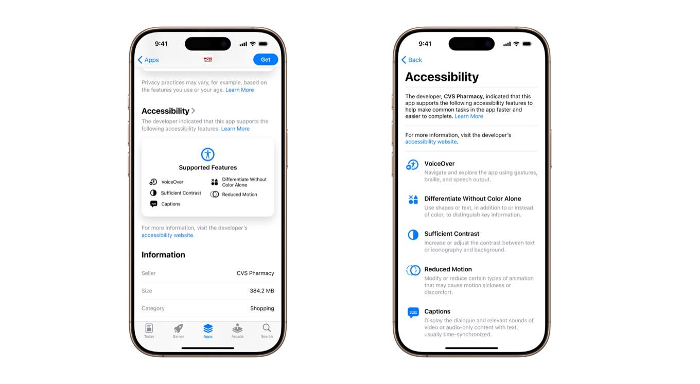Two images of iPhone screens show how a new feature on the App Store will offer information about Accessibility, including a section that says Supported Features, along with other details about an app.