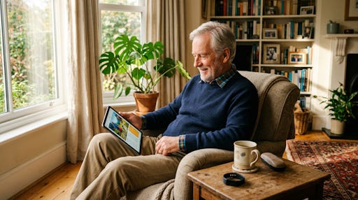Senior man exploring technology on a tablet in a warm sunlit living room.
