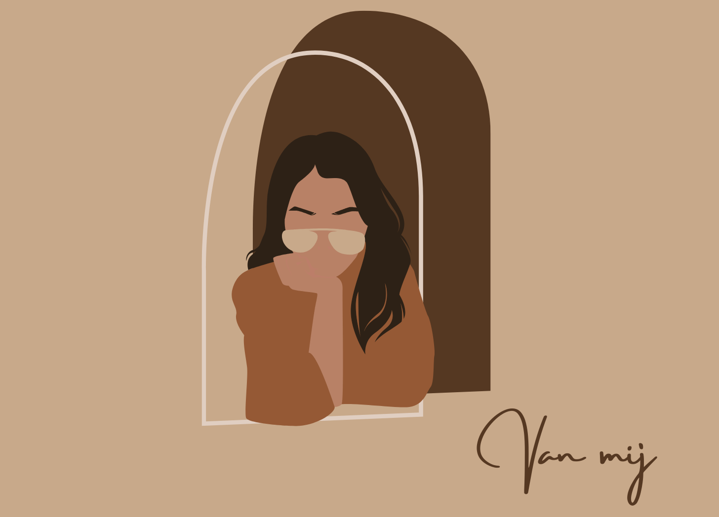 Illustratie van een vrouw in warme bruintinten met de tekst “Van mij”, passend bij een essay over abortus, autonomie en vrouwelijke zeggenschap.